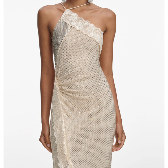 Self-Portrait Champagne Rhinestone Lace Trim Maxi Dress US 6 - Picture 4 of 10